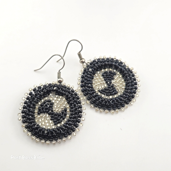 Handmade Black & Silver Beaded Earrings – 1.25" Diameter - Picture 1 of 15